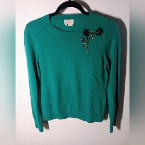 Kate Spade ♣️ Emerald Green Embellished Brooch Wool Blend Sweater in Size S